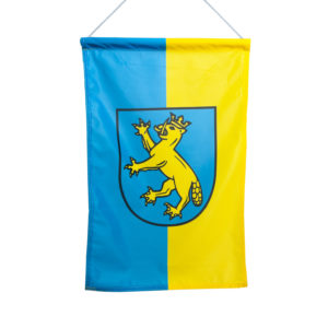 Fahne, Bannerfahne, Stofffahne, blau gelb, Wappen, Stoff, Deko, Biberach Schützenfest, Schneiders Schützen-Shop